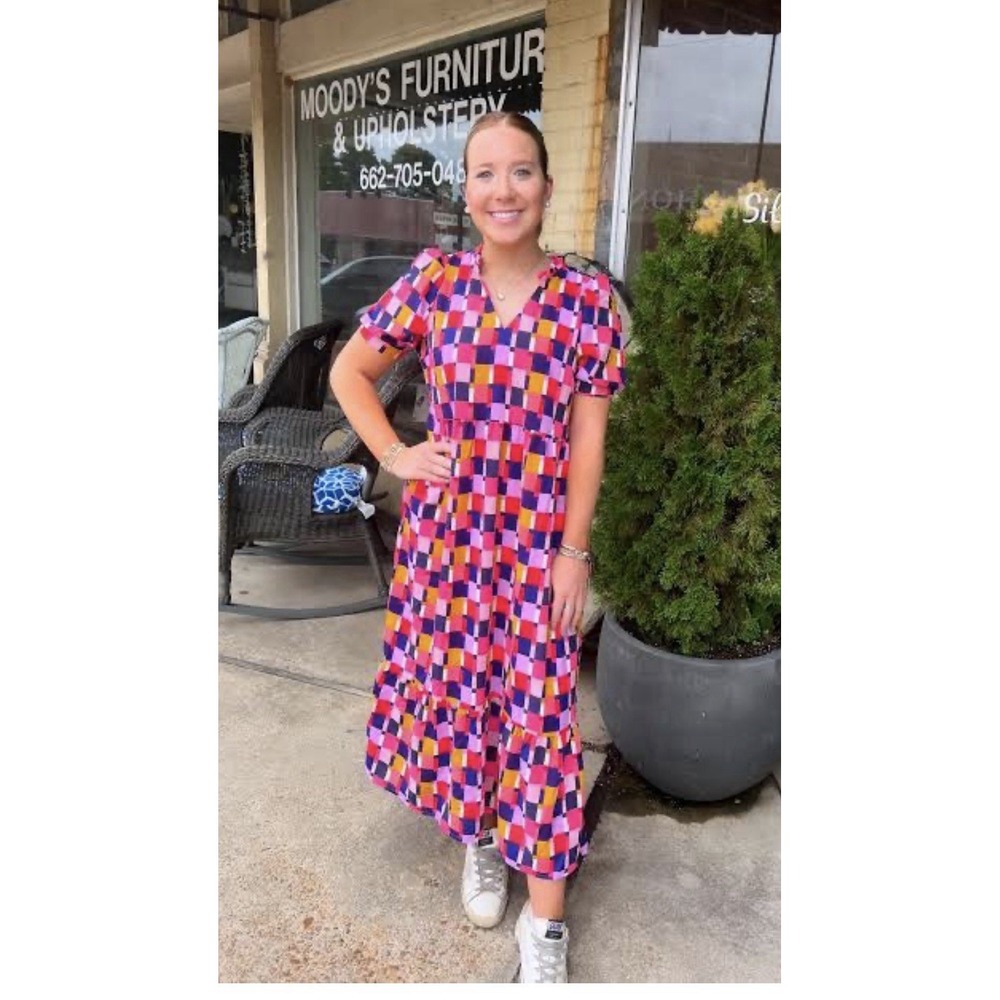 Michelle McDowell Tessa Midi Dress WomenSize Small Colorful Check Boutique NWT